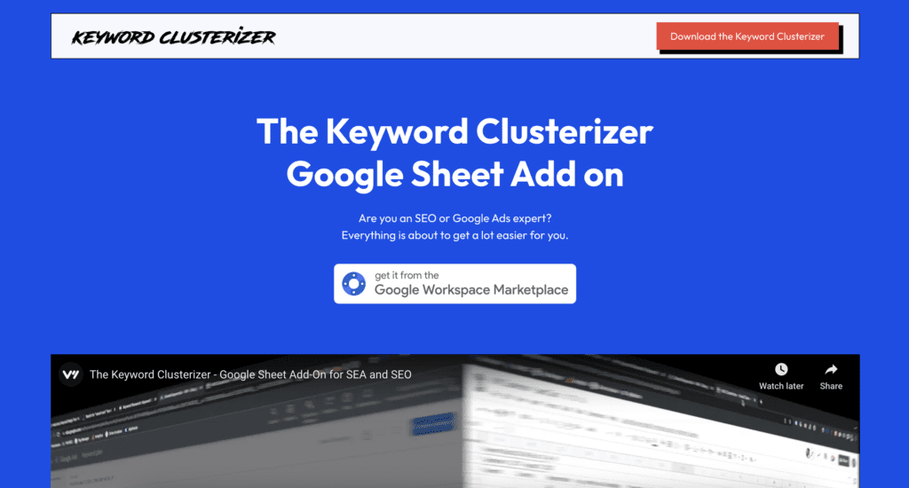 Keyword Clusterizer Google Sheet Addon Homepage