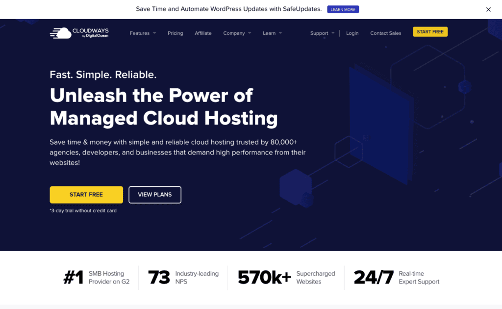 Homepage of CloudWays Managed WordPress Hosting